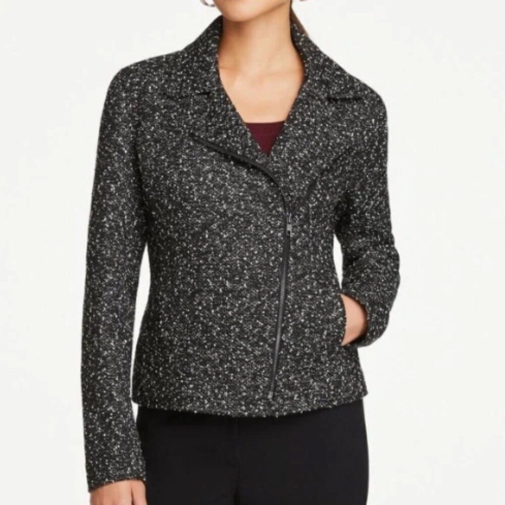 NWT Ann Taylor Factory Tweed Moto Jacket Blazer size 10 Black/White Office